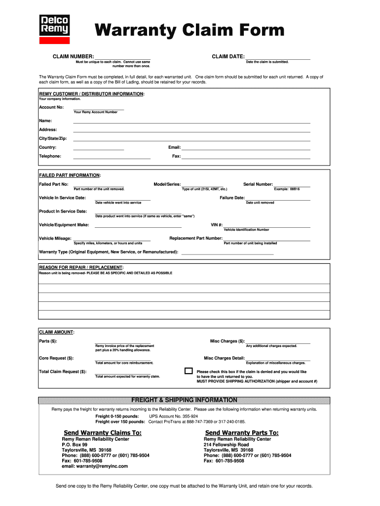 Delco Remy Warranty Form