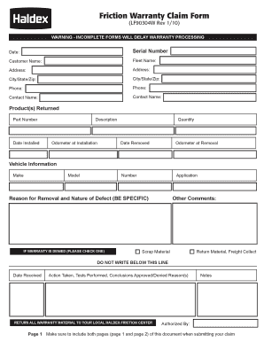 Friction Warranty Claim Form Haldex