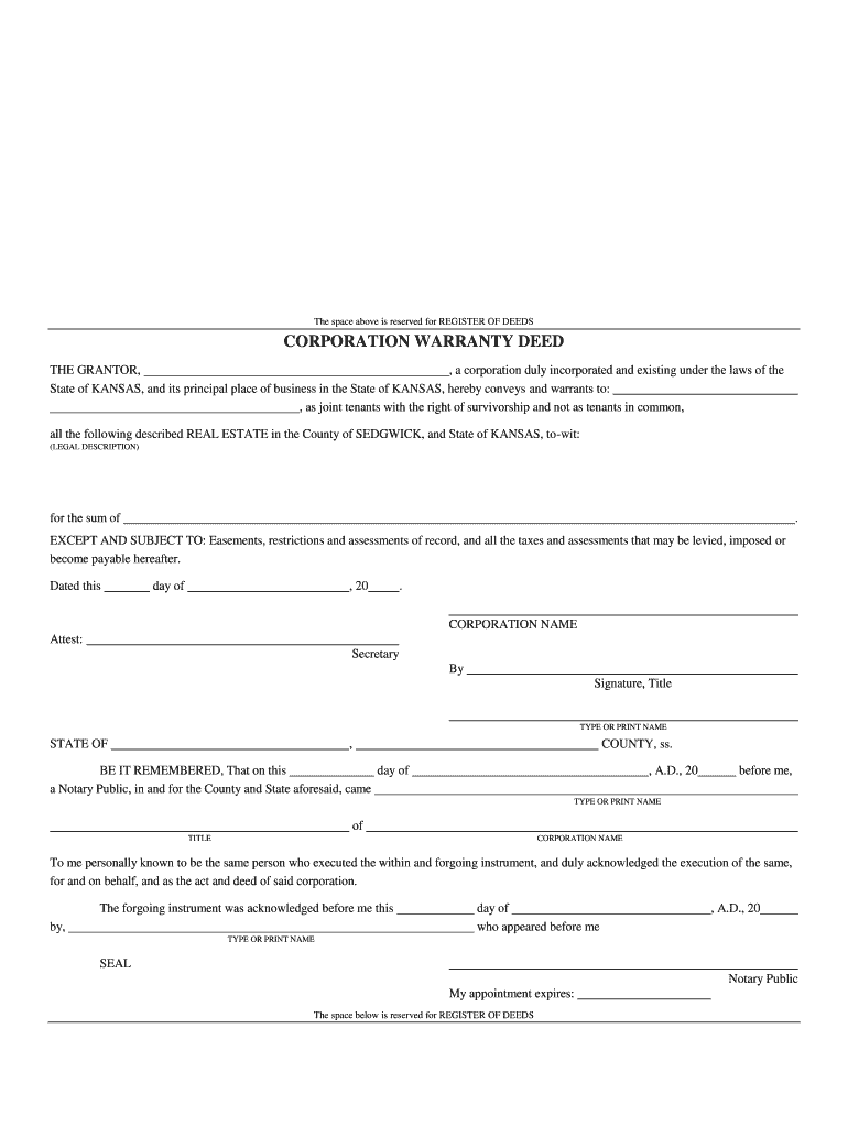 Corporation Warranty Deed Joint Tenancy Sedgwick County  Form
