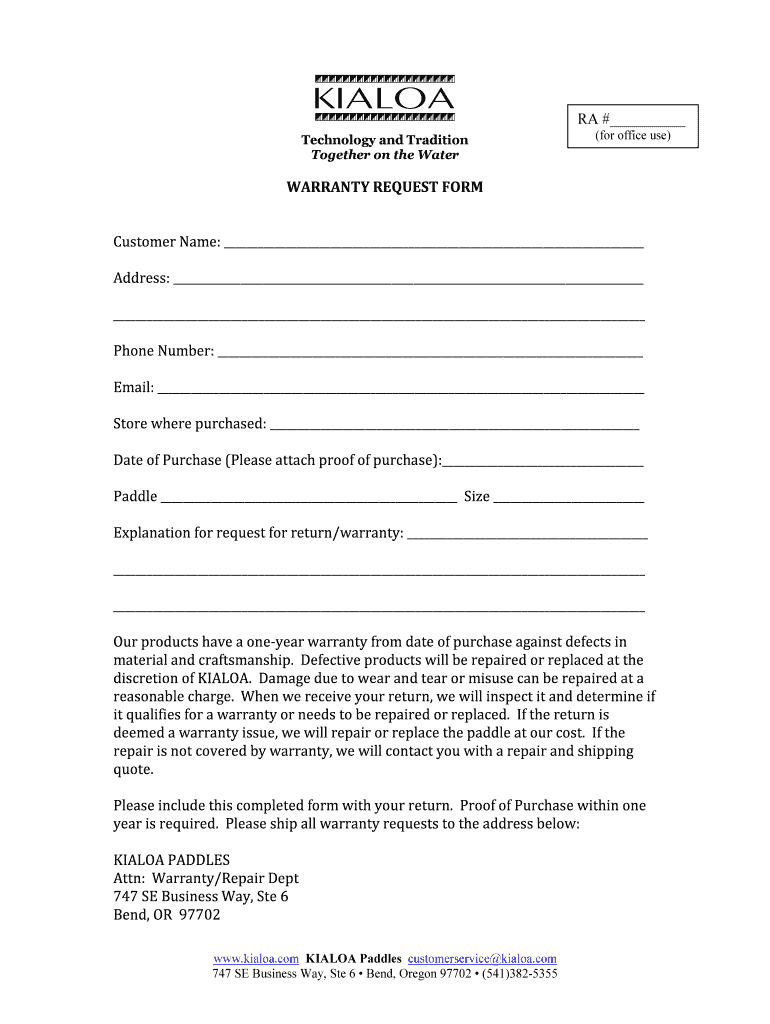 WARRANTY REQUEST FORM Customer Name Address