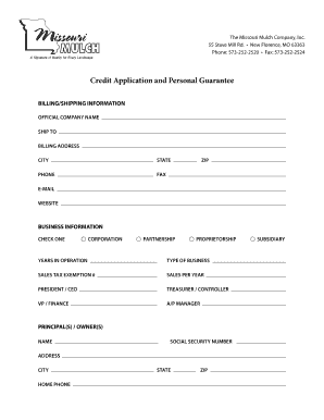 Credit Application and Personal Guarantee Missouri Mulch  Form