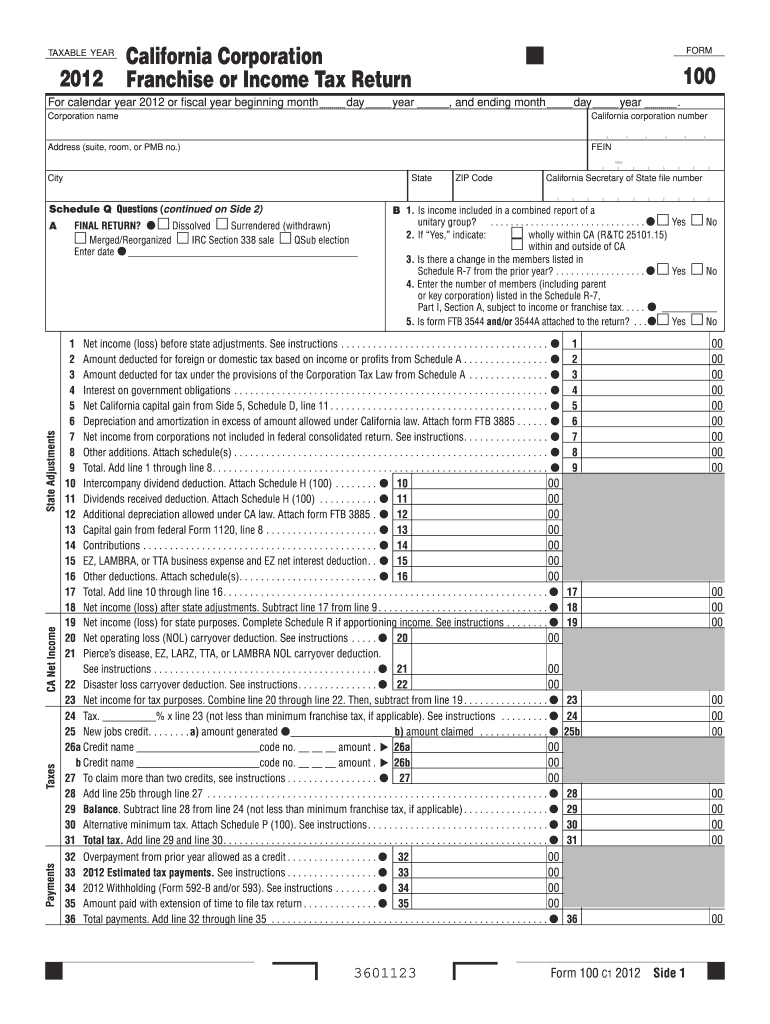  Form 100 California Franchise Tax Board Ftb Ca 2012