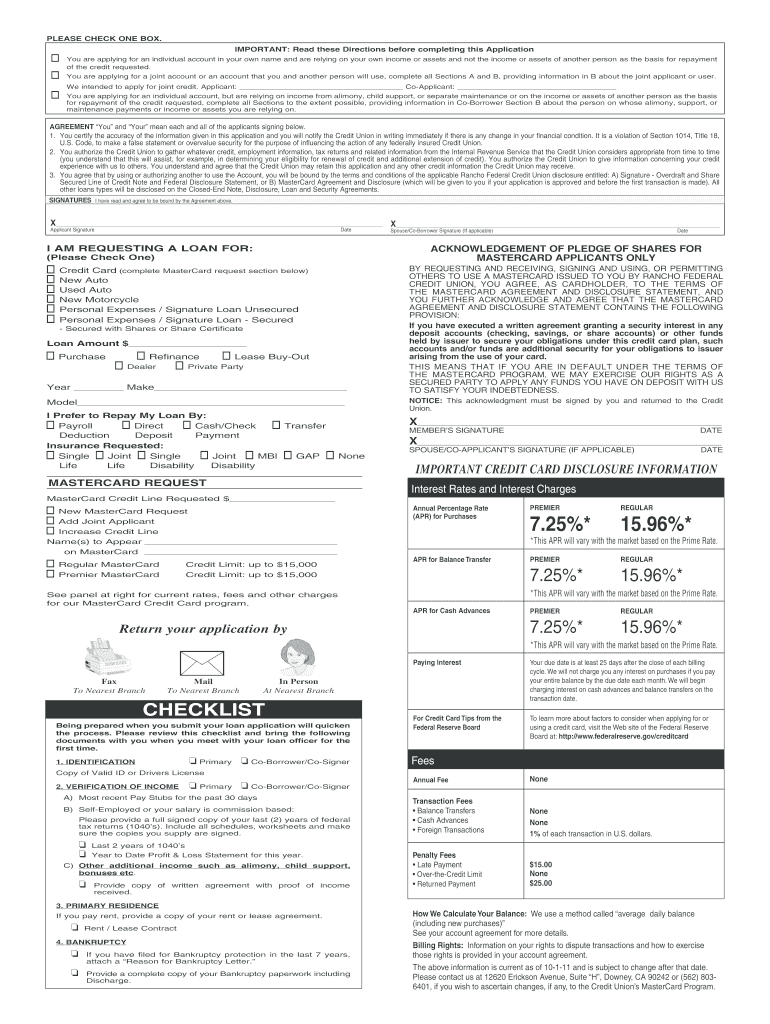 Print Loan Application Rancho Federal Credit Union  Form