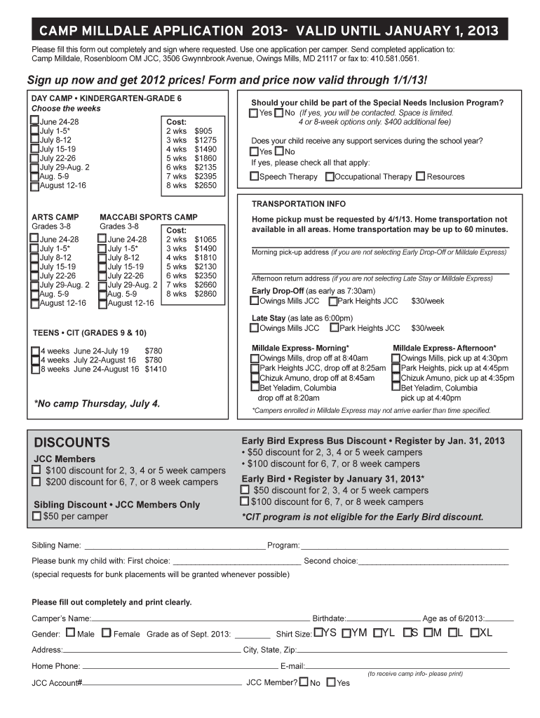 CAMP MILLDALE APPLICATION VALID until JANUARY 1  Form