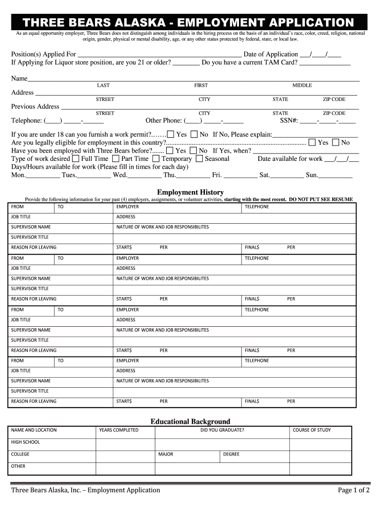 Three Bears Application  Form