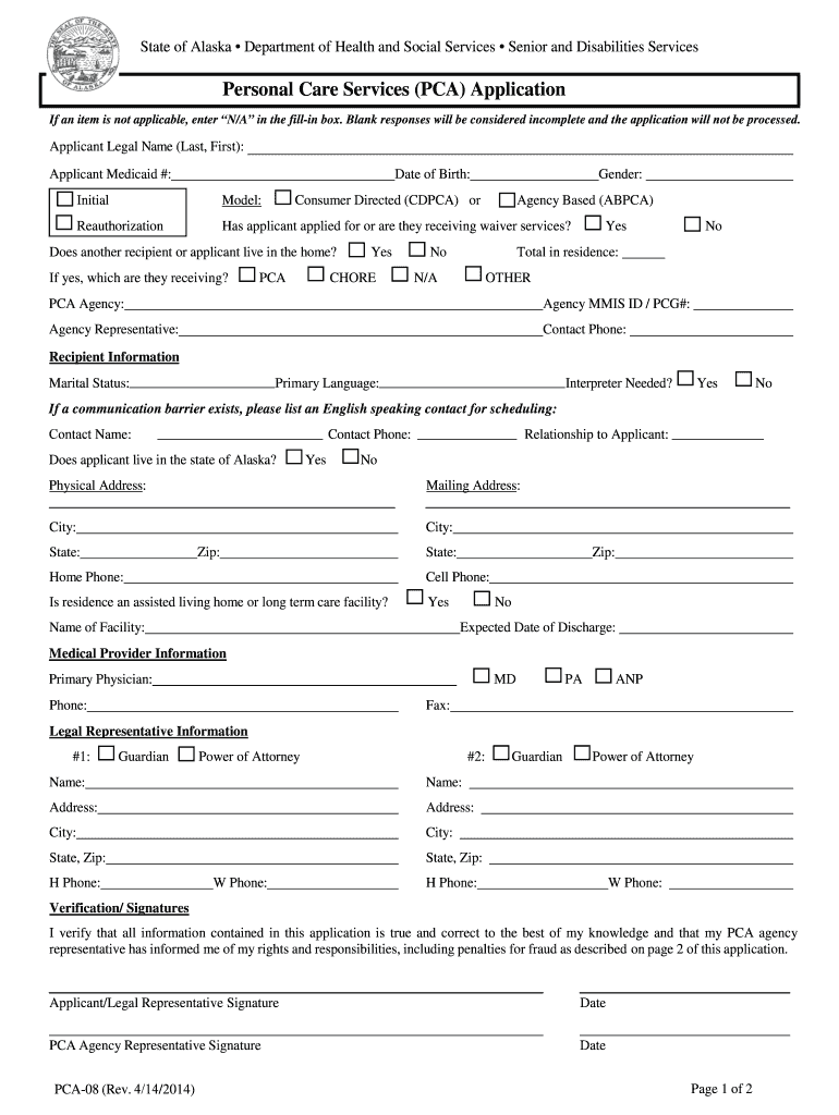 PCA Application Form Alaska Department of Health and Social