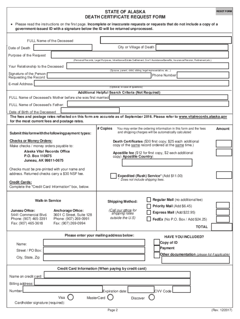 Alaska Death Certificate Request Form