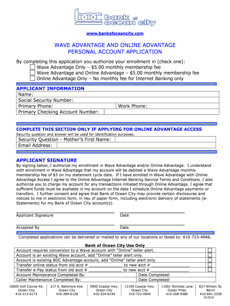 Wave Advantage and Online Advantage Personal Account Application  Form