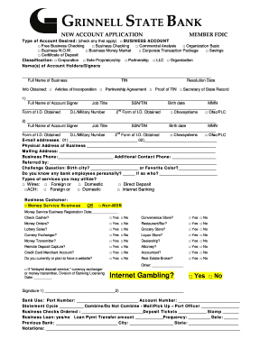 New Account Application Business Grinnell State Bank  Form