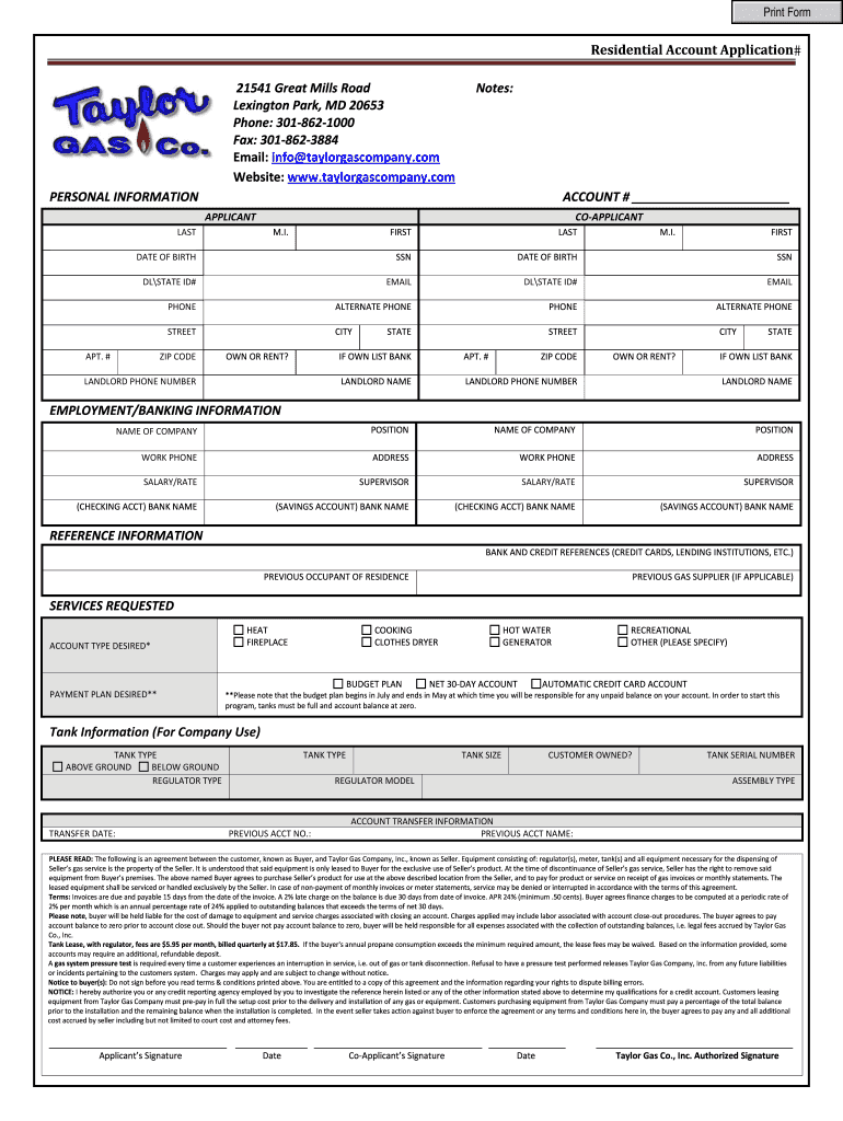 Residential Account Application Taylor Gas Company  Form