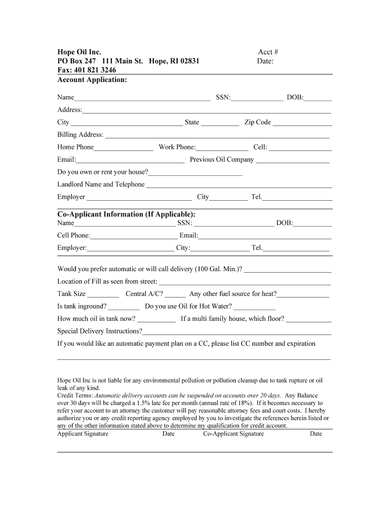 A Printable Account Application Hope Oil  Form