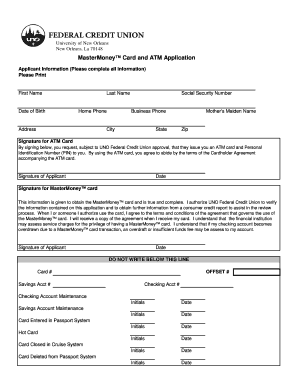 MasterMoney Card and ATM Application UNO Federal Credit  Form