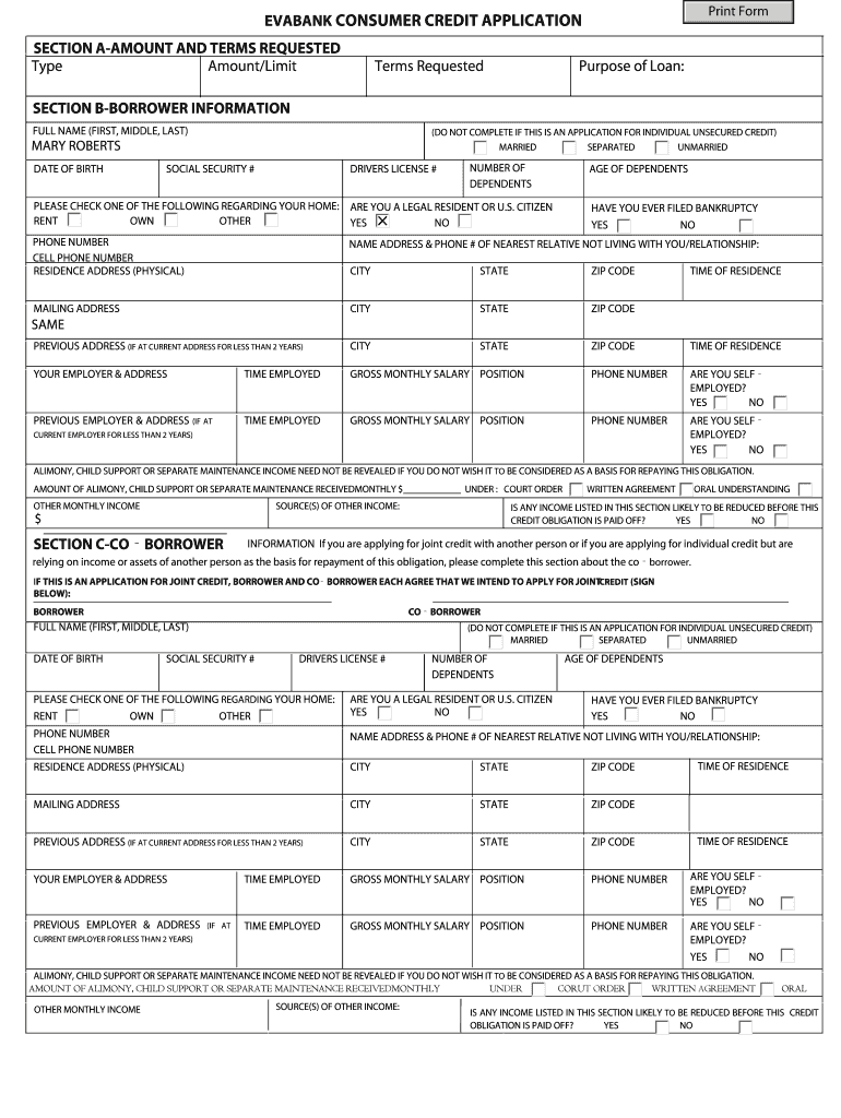 EVABANK CONSUMER CREDIT APPLICATION  Form