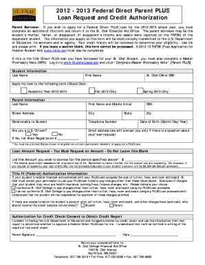 St Olaf Parent PLUS Application and Credit St Olaf College  Form