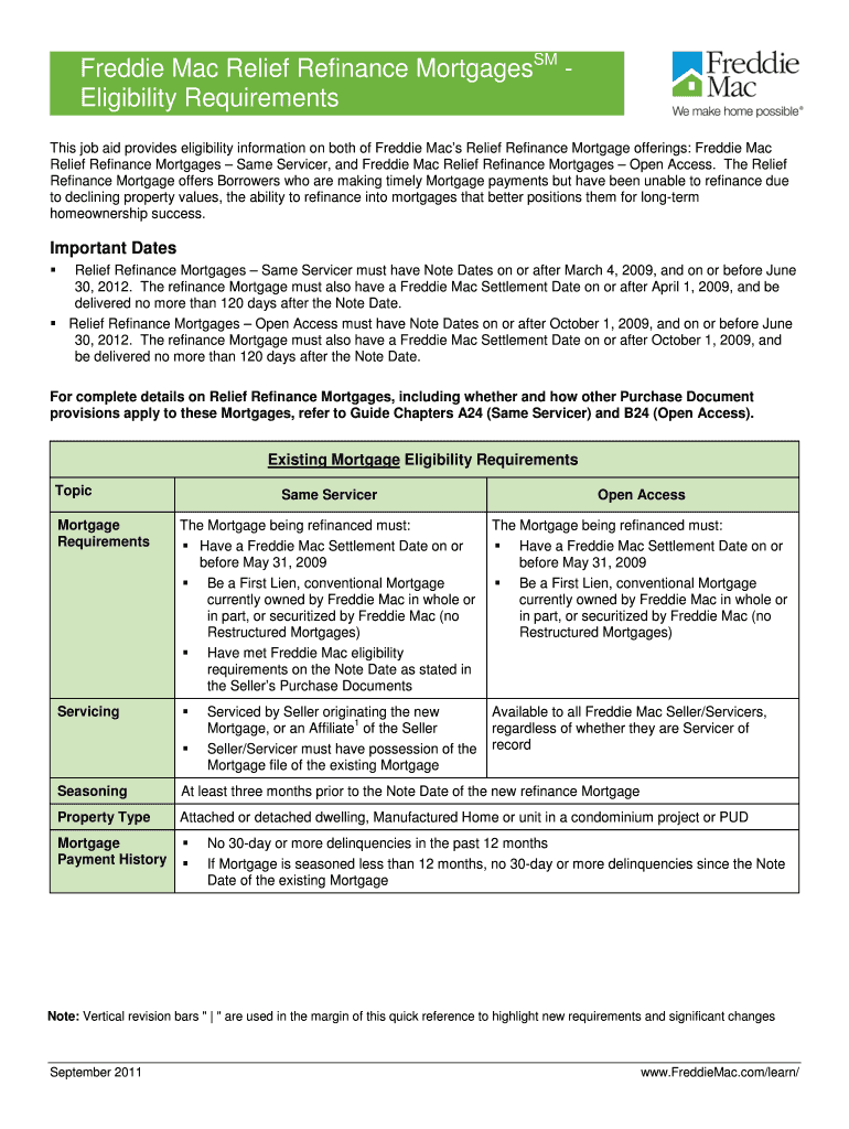 Freddie Mac Relief Refinance MortgagesSM Eligibility Requirements  Form