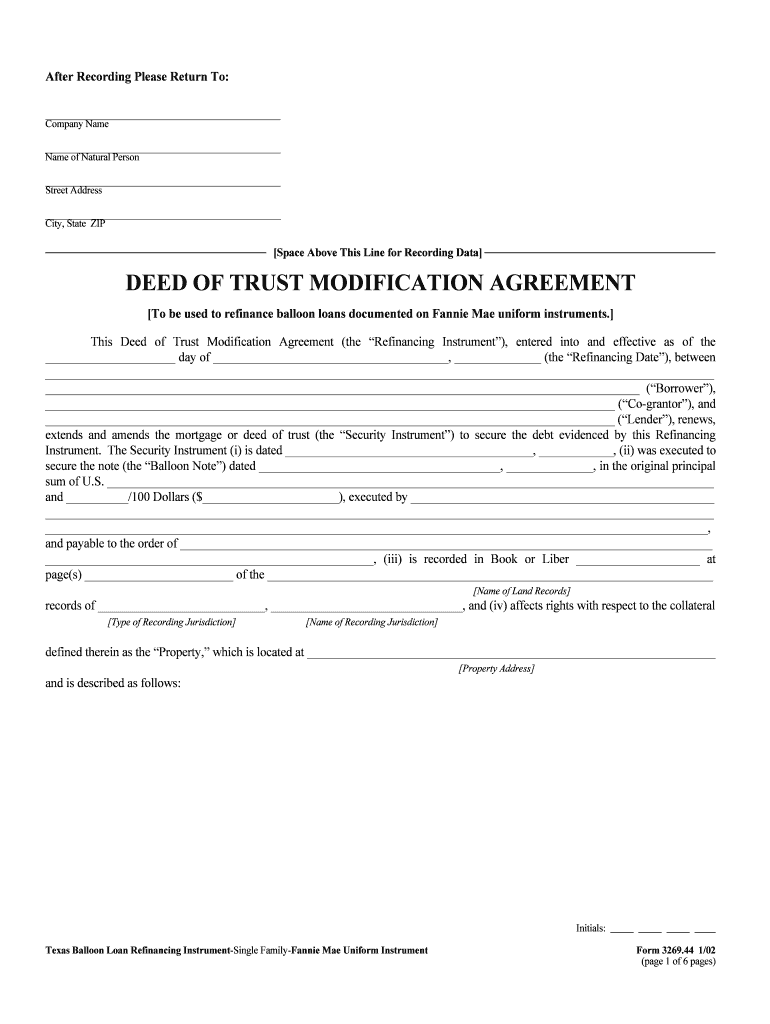 Texas Balloon Loan Refinancing Instrument Form Fannie Mae