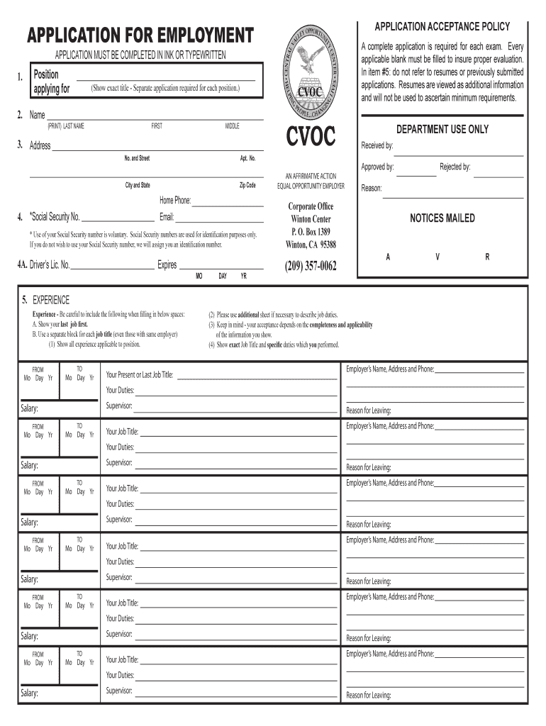 APPLICATION for EMPLOYMENT CVOC  Form