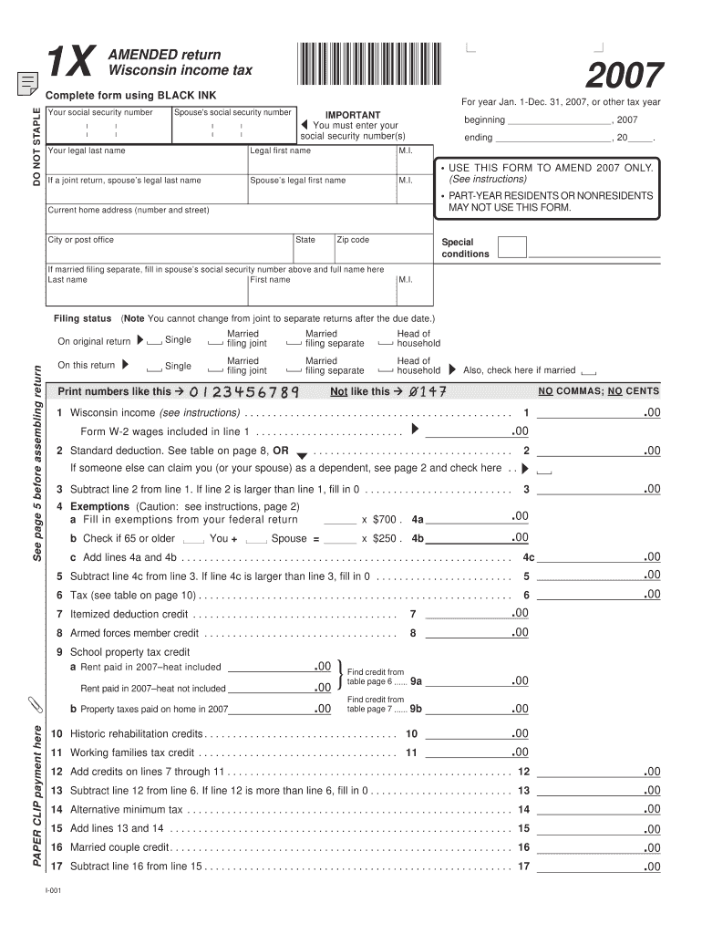 Form 1X, Wisconsin Income Tax Amended Return PDF Fillable Format Form 1X Revenue Wi