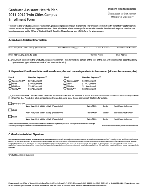 To Enroll in the Graduate Assistant Health Plan, Please Complete and Return This Form to the Office of Student Health Benefits B