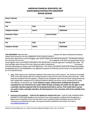 Homeowner Contractor Agreement Template  Form