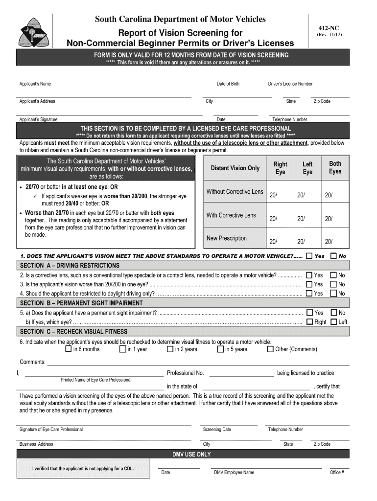 Form 412 South Carolina Vision