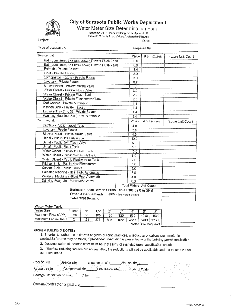 City of Sarasota Water Demand and Meter Size Determination Form