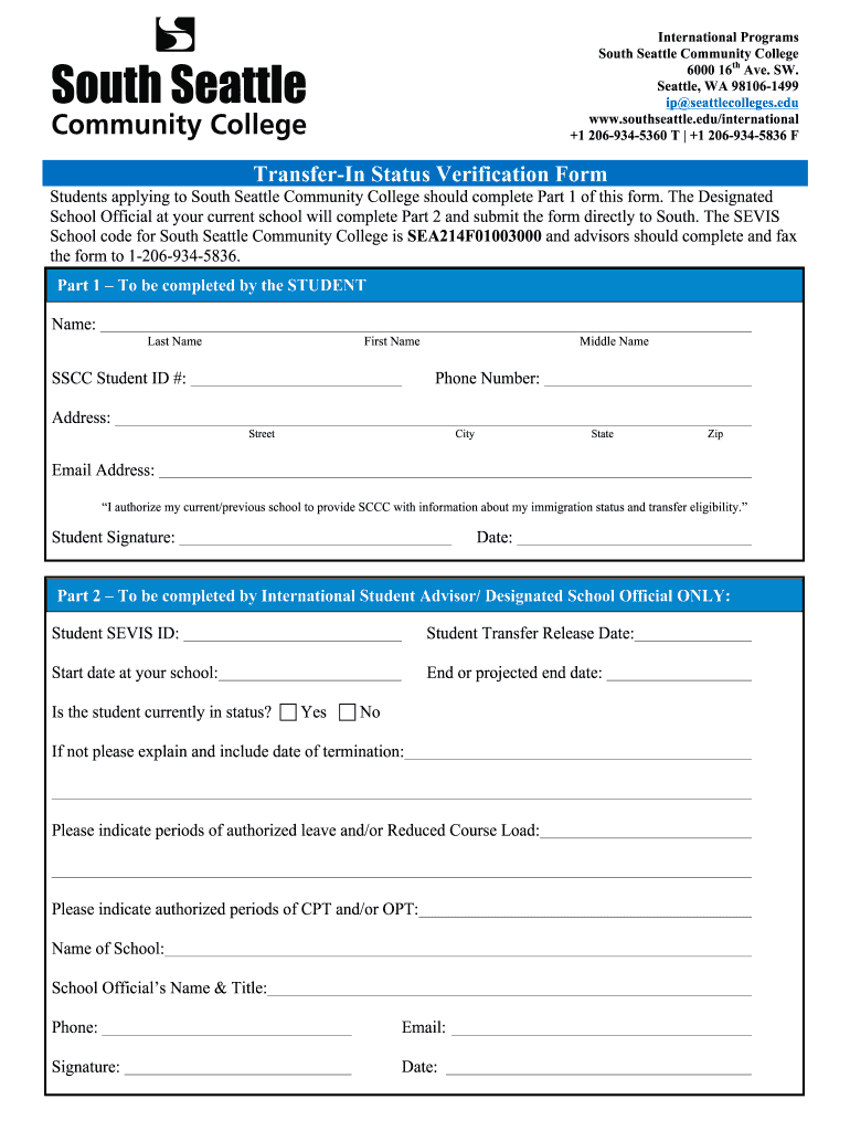 Transfer in Status Verification Form  South Seattle Community    Southseattle