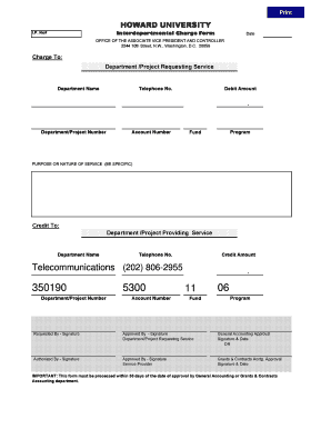 Howard University Interdepartmental Charge Form