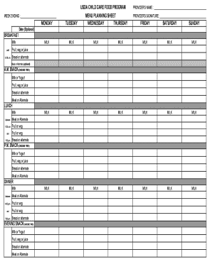 Usda Child Care Food Program Menu Planning Sheet  Form