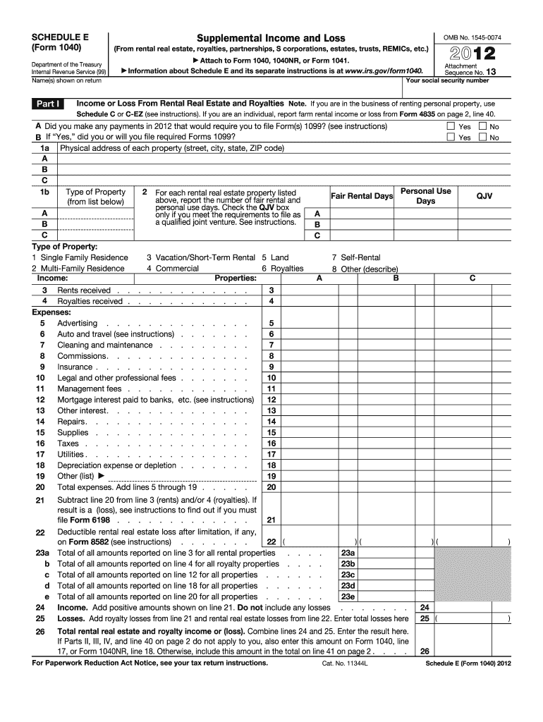 Form 1040 Schedule E Supplemental Income and Loss 2012