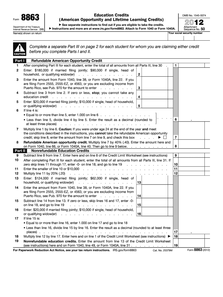  Form 8863 Education Credits American Opportunity and Lifetime Learning Credits 2012