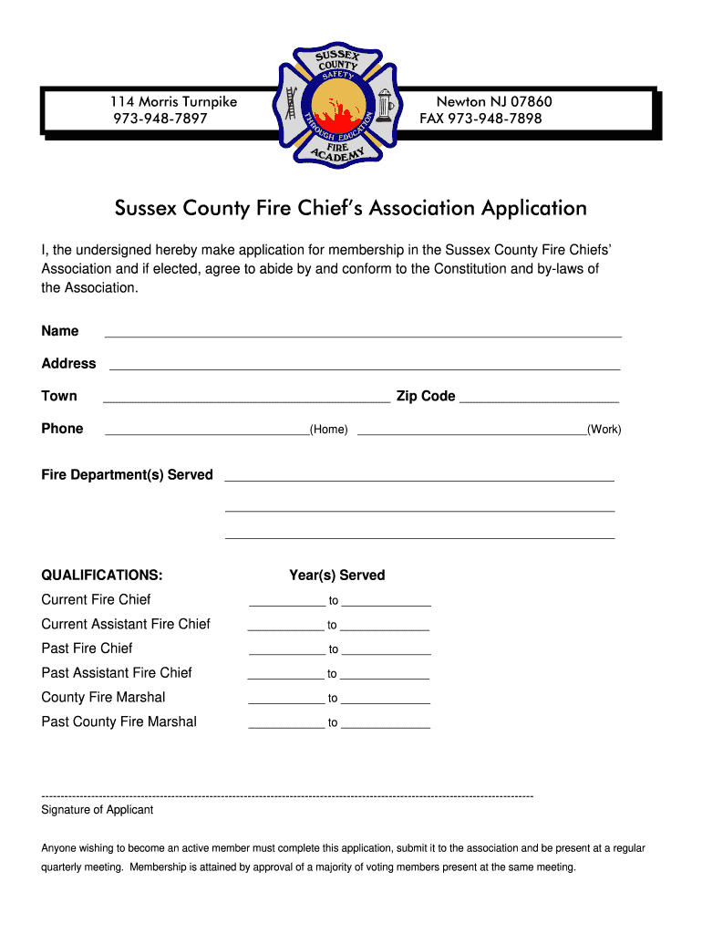 Sussex County Fire Chief&#39;s Association Application  Sussex  Form