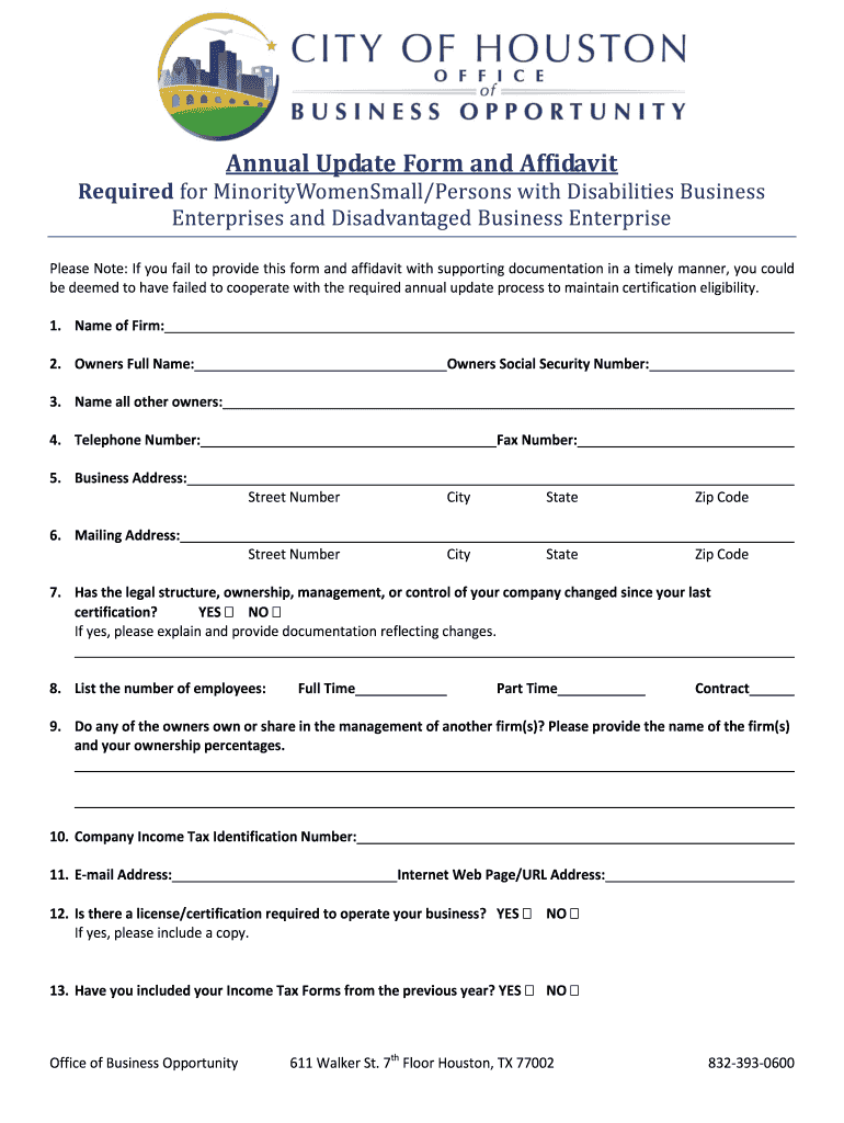 City of Houston Annual Update Form and Affidavit