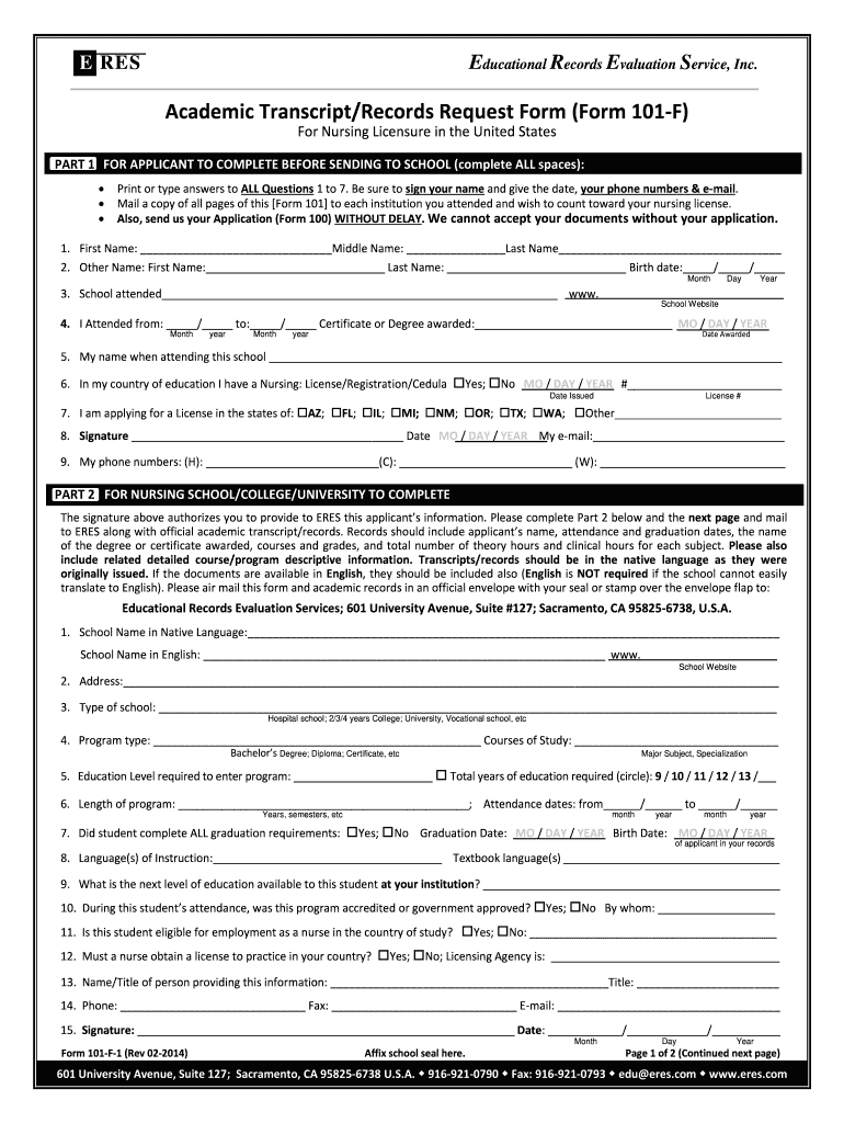  Academic TranscriptRecords Request Form Form 101 F  ERES 2014