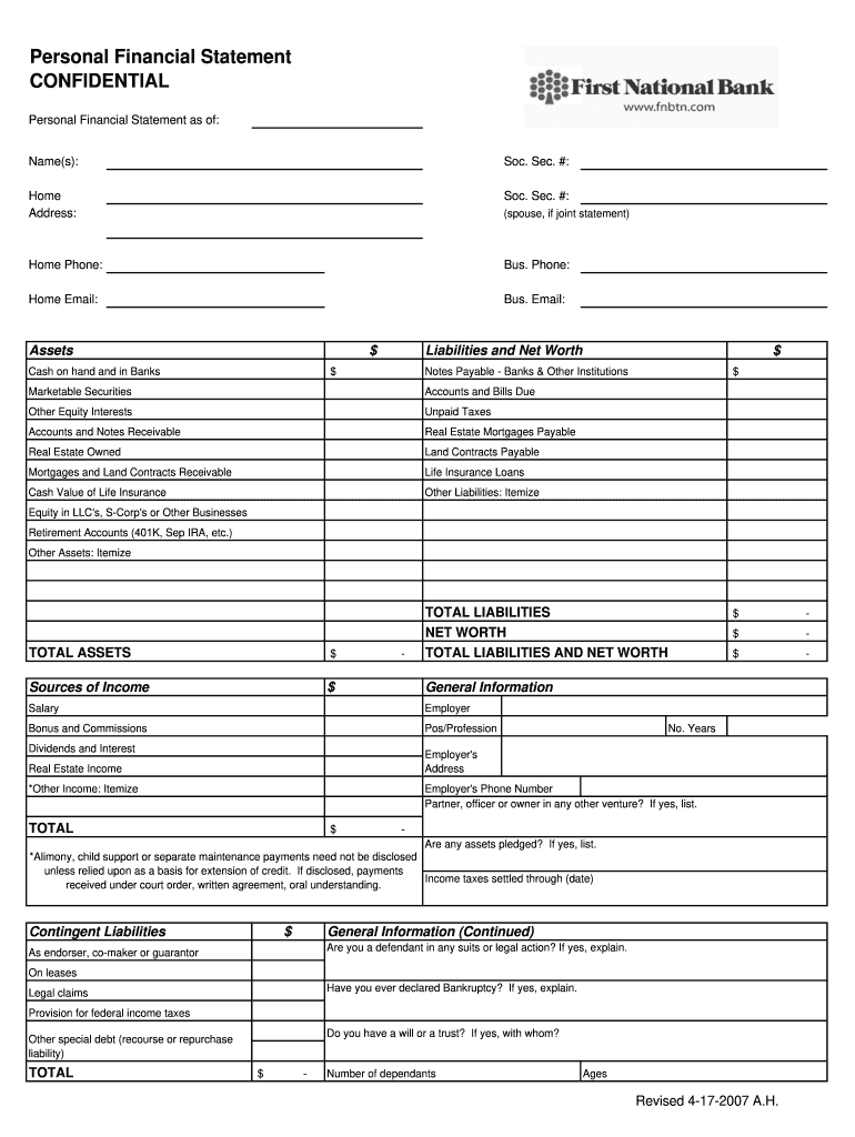 Fillable Personal Financial Statement Form