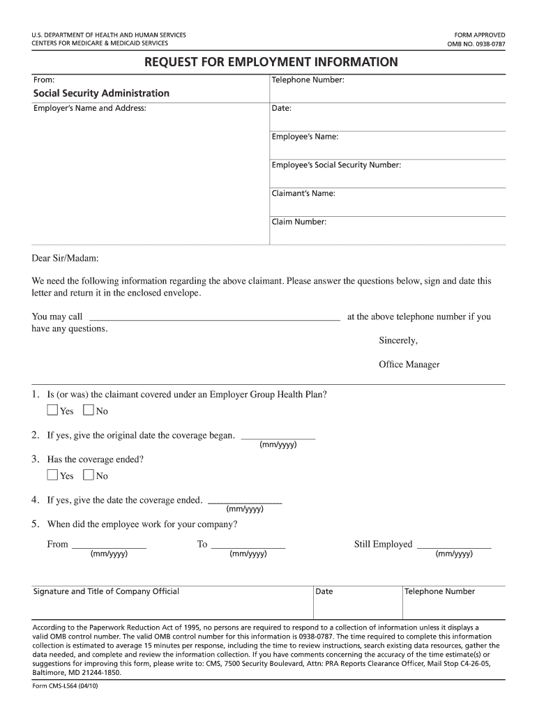  Form Cms L564 Request for Employment Information 2020