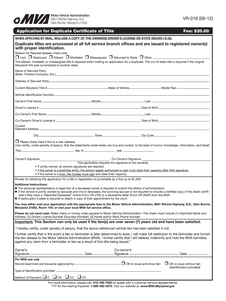  Maryland Duplicate Title Form 2012
