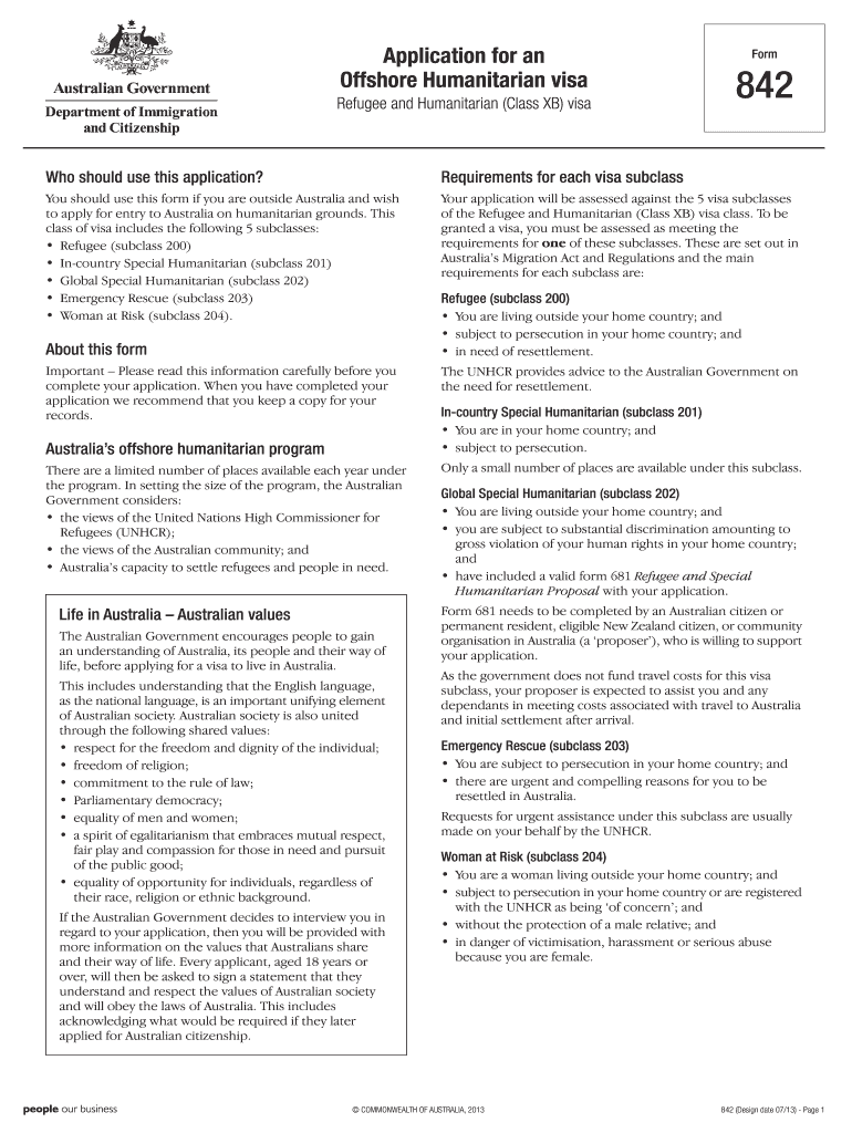  842 Application for an Offshore Humanitarian Visa Refugee and 2014