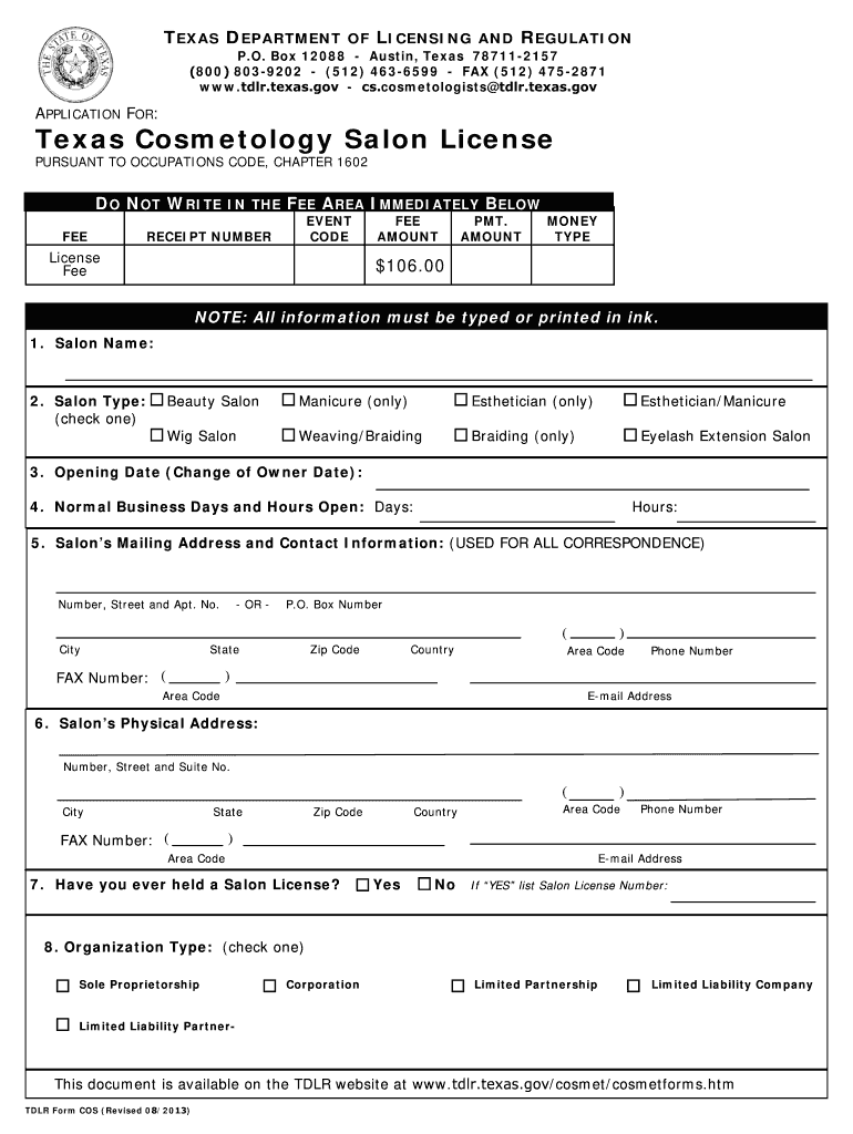  Cosmetology Salon License Form 2012