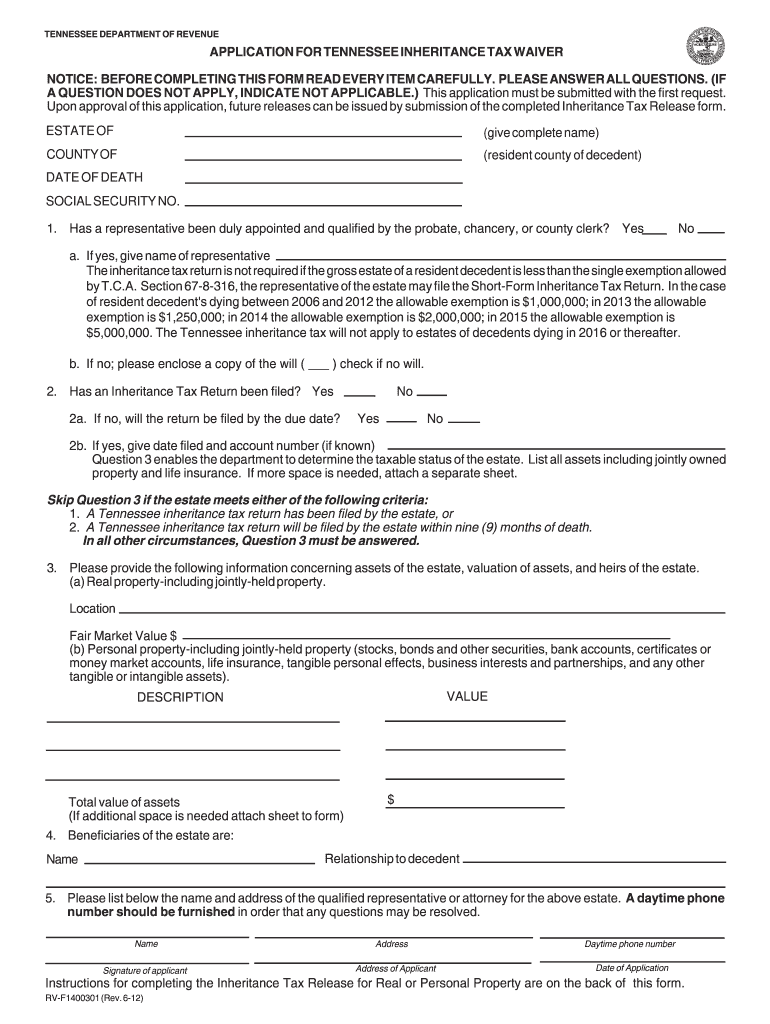  Tennessee Inheritance Tax Waiver Form 2013