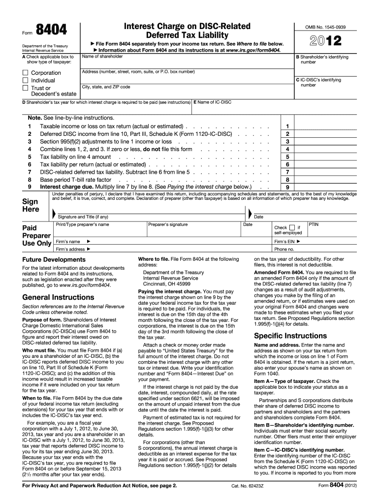  Form 8404 Interest Charge on DISC Related Deferred Tax Liability 2012