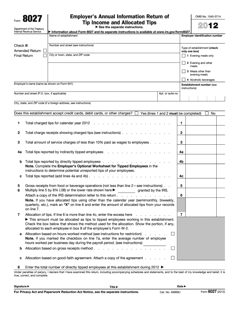  Instructions for Form 8027 Internal Revenue Service 2012