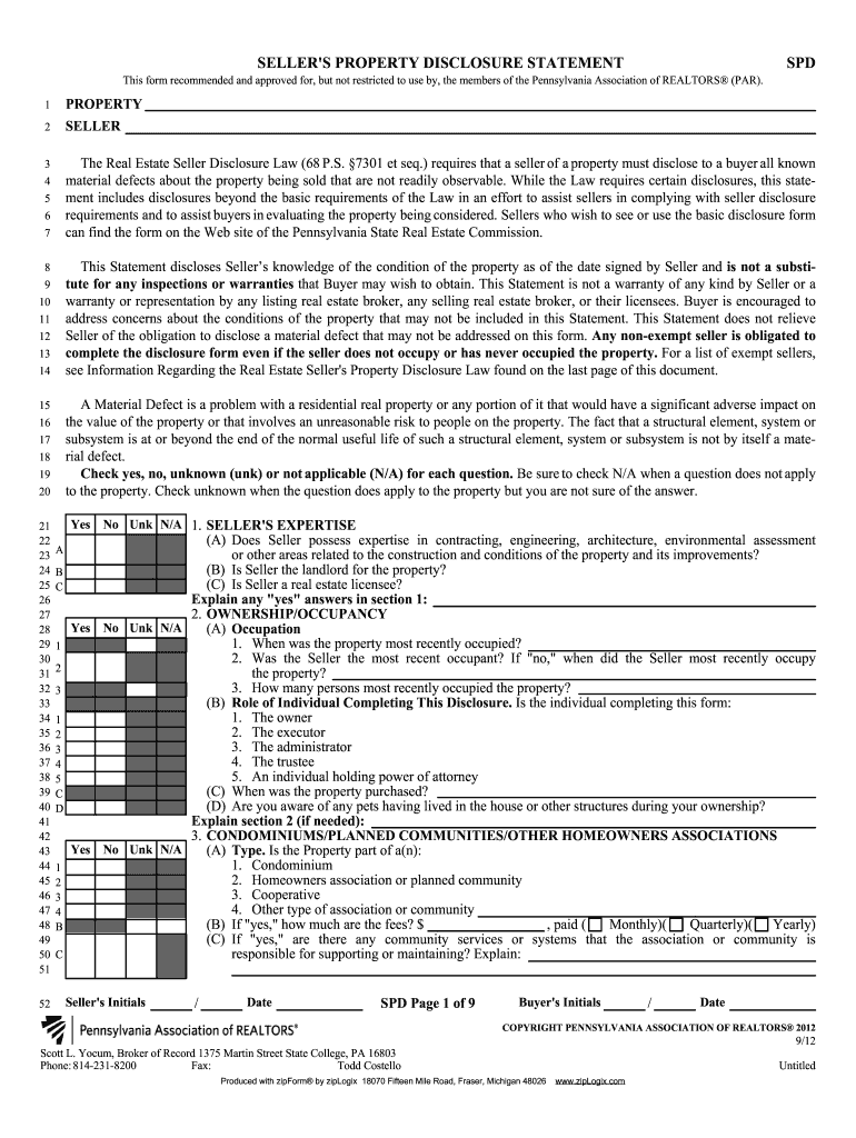 Pa Seller's Disclosure Form