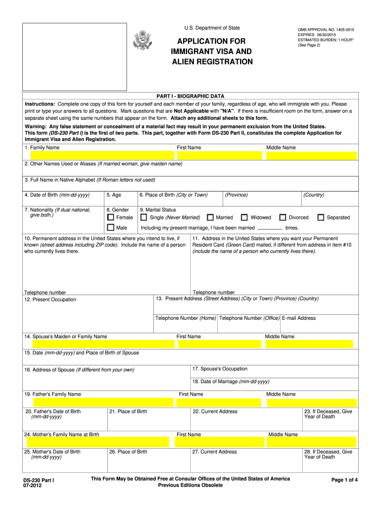  Application Immigrant Visa  Form 2012