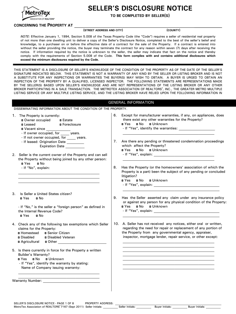  Metrotex Seller's Disclosure Form 2011-2024
