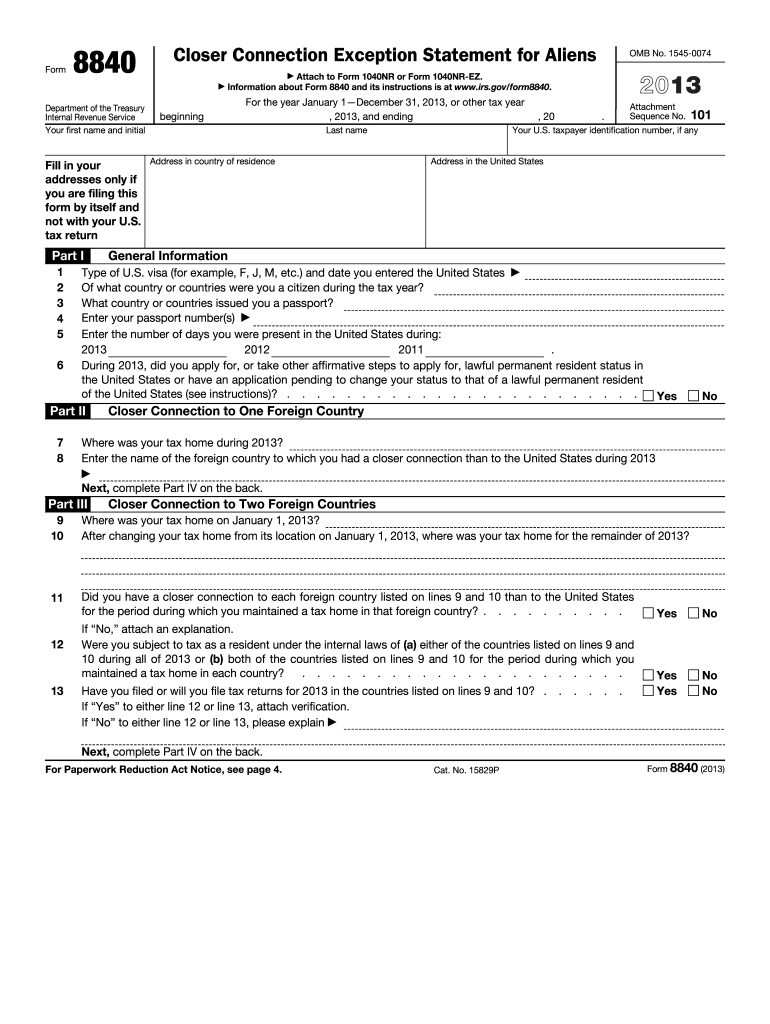  Form 8840, Closer Connection Exception Statement for Aliens IRS Gov 2013