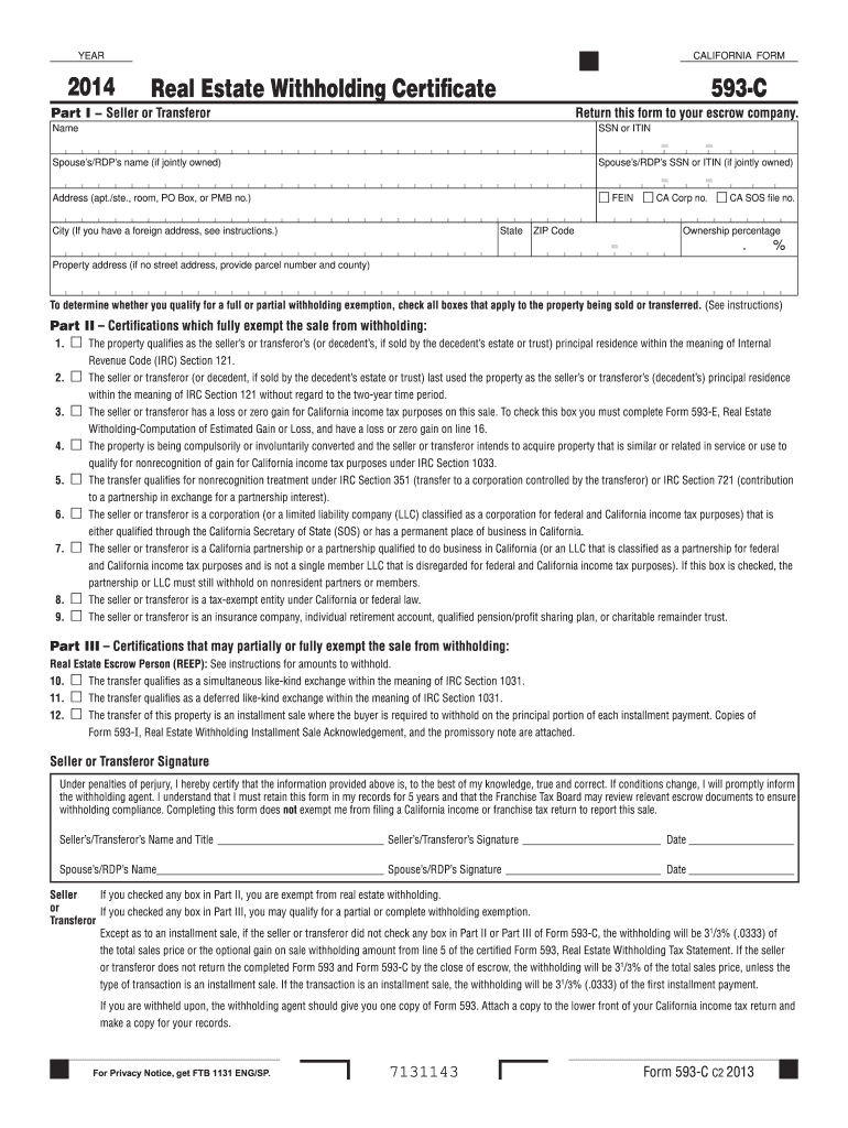 Form 593 C REval Estate Withholding Certificate California Fill Out