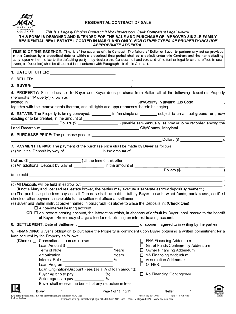 Maryland Residential Contract of Sale  Form