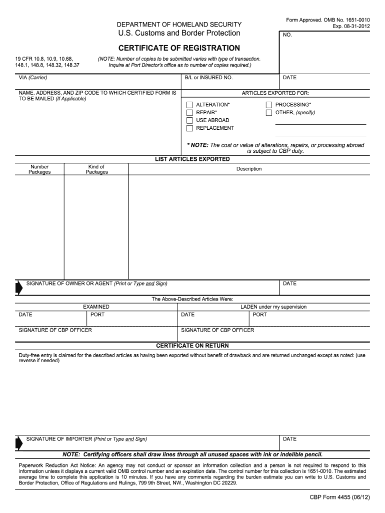  CBP Form 4455  Forms  US Customs and Border Protection 2012
