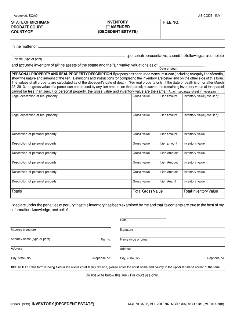  Michigan Probate Inventory Form 2013-2024